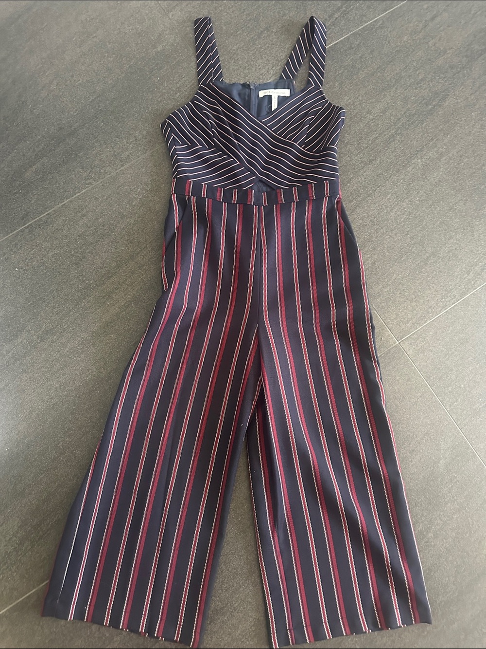 BCBGeneration Navy Jumpsuit with Burgundy Pinstripes